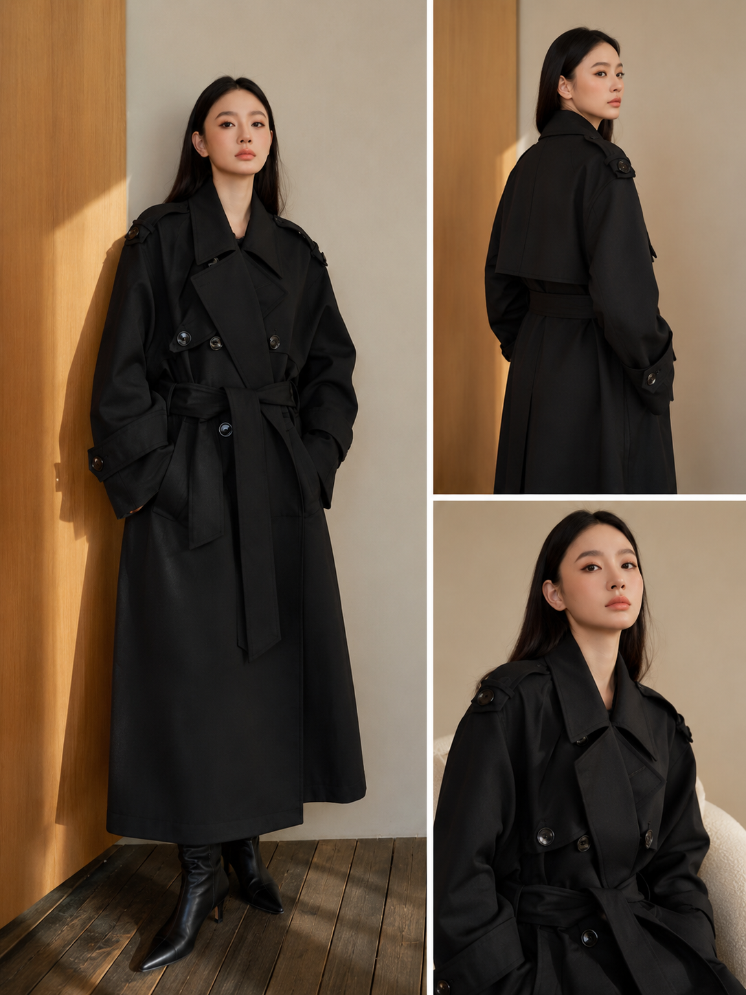 Oversized Double-Breasted Belted Long Trench Coat