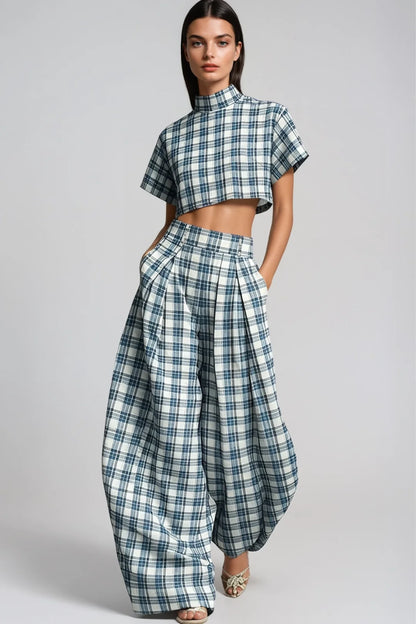 Hapi Plaid Cropped Wide-Leg Pants Set