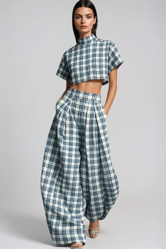 Hapi Plaid Cropped Wide-Leg Pants Set