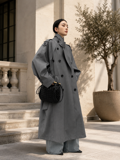 Oversized Double-Breasted Belted Long Trench Coat