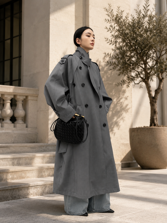 Oversize Kruvaze Yaka Kemerli Uzun Trençkot