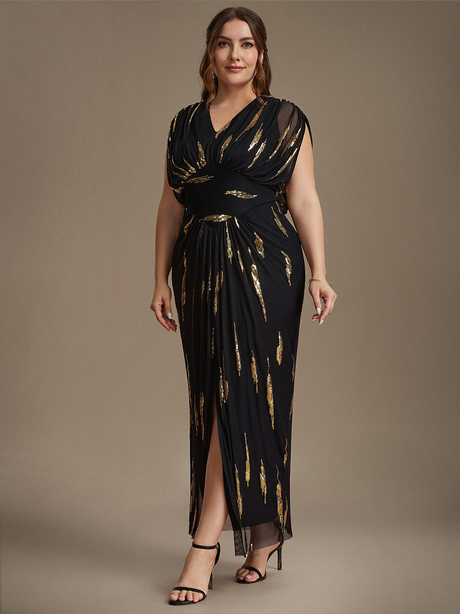 Slit Tulle Butterfly Sleeve Evening Dress