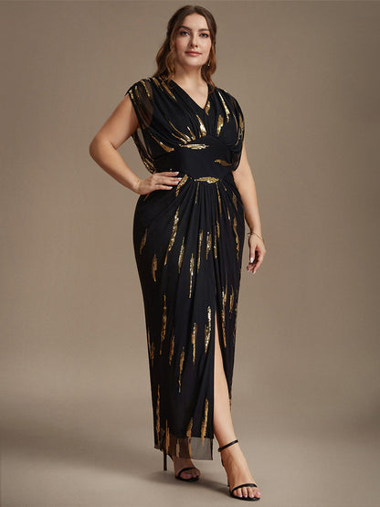 Slit Tulle Butterfly Sleeve Evening Dress