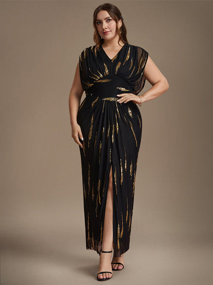 Slit Tulle Butterfly Sleeve Evening Dress