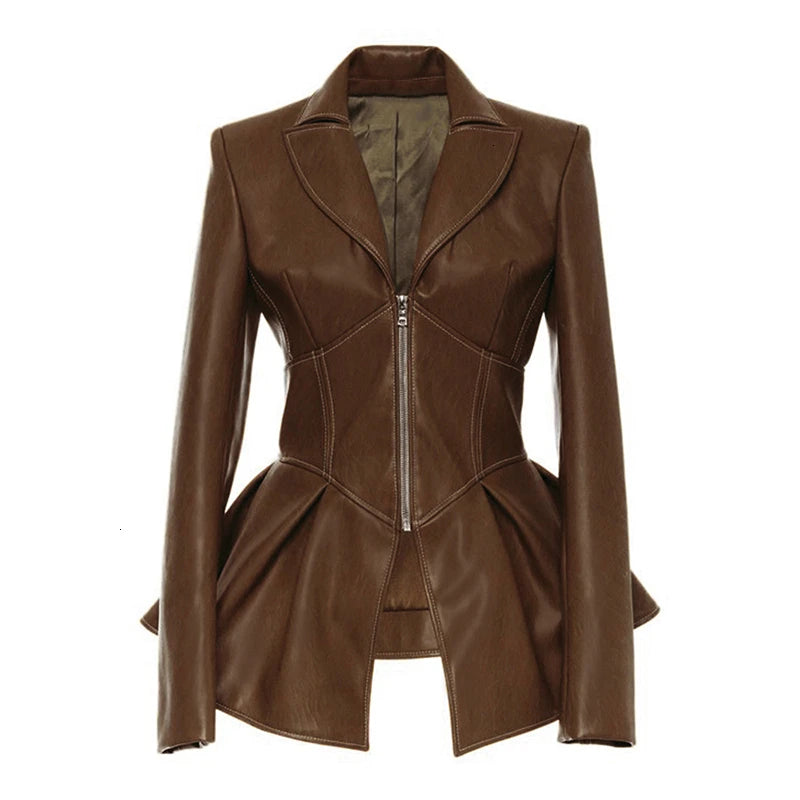 Kahverengi suni deri peplum ceket