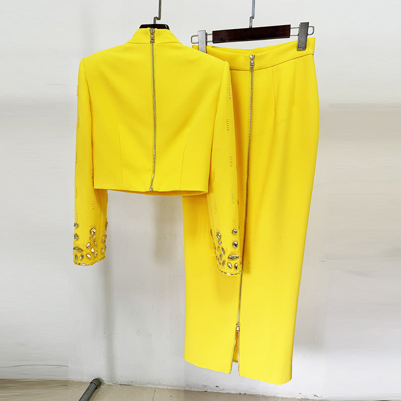 Women's Rhinestone and Bead-Embellished Crop Jacket and Pencil Skirt Occasion Set