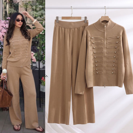 Women's Knit Zip-Up Stand Collar Cardigan and Wide-Leg Trouser Two-Piece Set