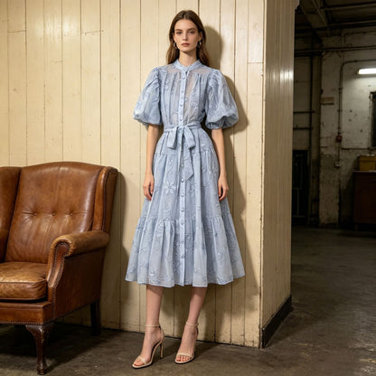 Women's Blue Floral Embroidered Puff Sleeve Button-Front Midi Dress