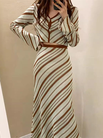 Korean Style V-Neck Knitwear and High-Waisted Skirt Set