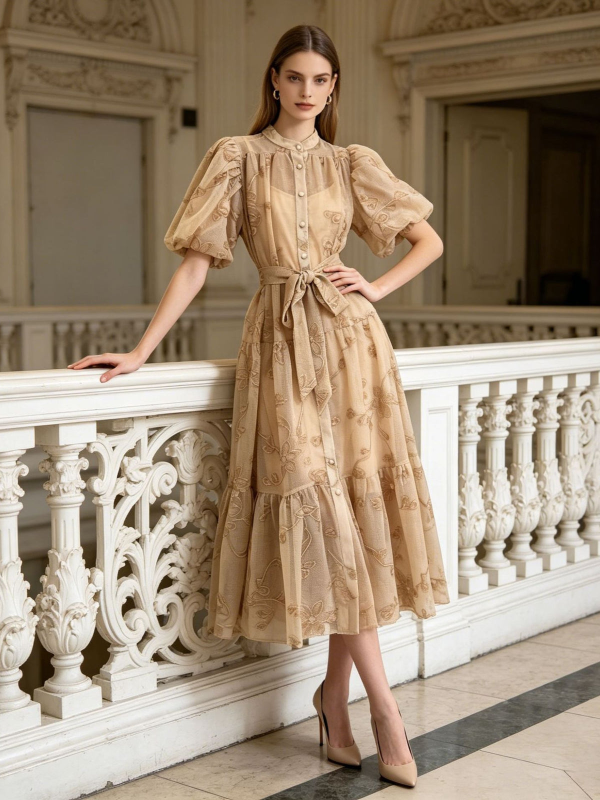 Women's Blue Floral Embroidered Puff Sleeve Button-Front Midi Dress