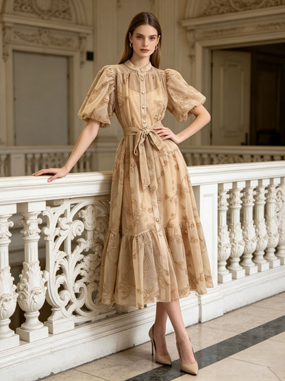 Women's Blue Floral Embroidered Puff Sleeve Button-Front Midi Dress