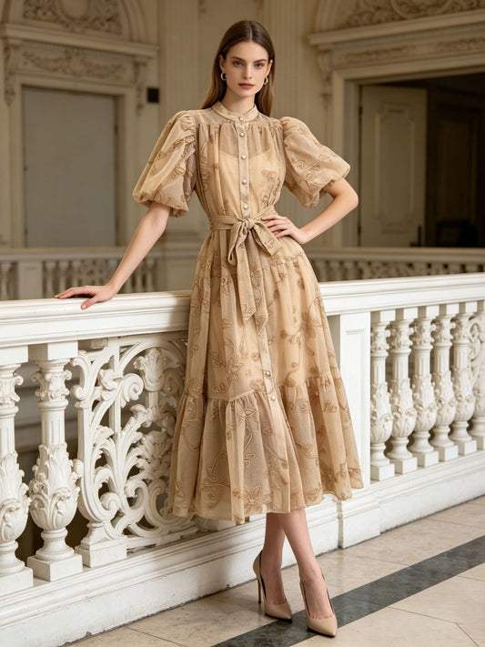 Women's Blue Floral Embroidered Puff Sleeve Button-Front Midi Dress
