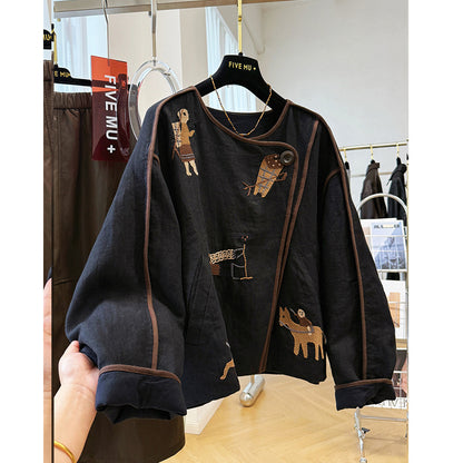 Kadın Siyah Nakışlı Pamuk Keten Hırka Ceket – Retro Etnik Desen, Uzun Kollu, Oversize