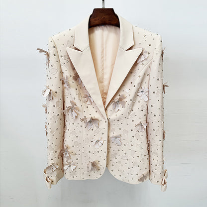 Boncuk ve Çiçek Aplikeli Bej Blazer Pantolon Takımı
