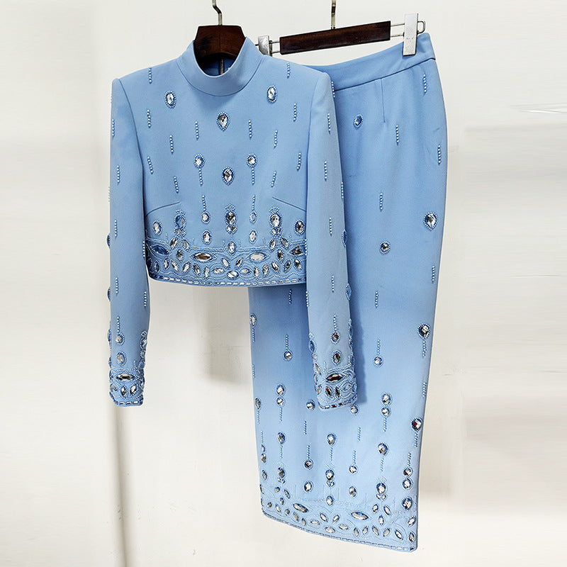 Women's Rhinestone and Bead-Embellished Crop Jacket and Pencil Skirt Occasion Set