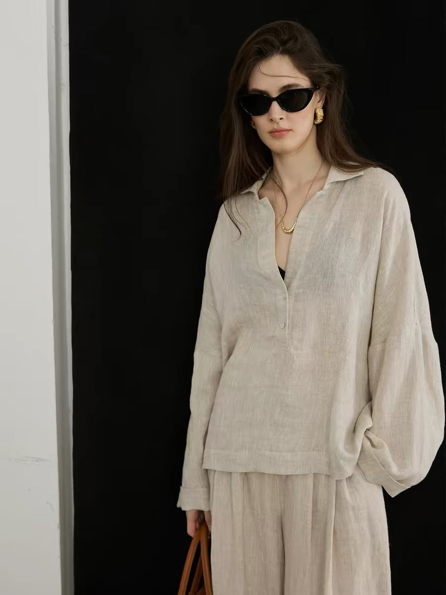 Women's Linen Vintage-Style Long Sleeve Shirt and Trouser Set