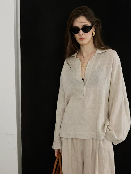 Women's Linen Vintage-Style Long Sleeve Shirt and Trouser Set