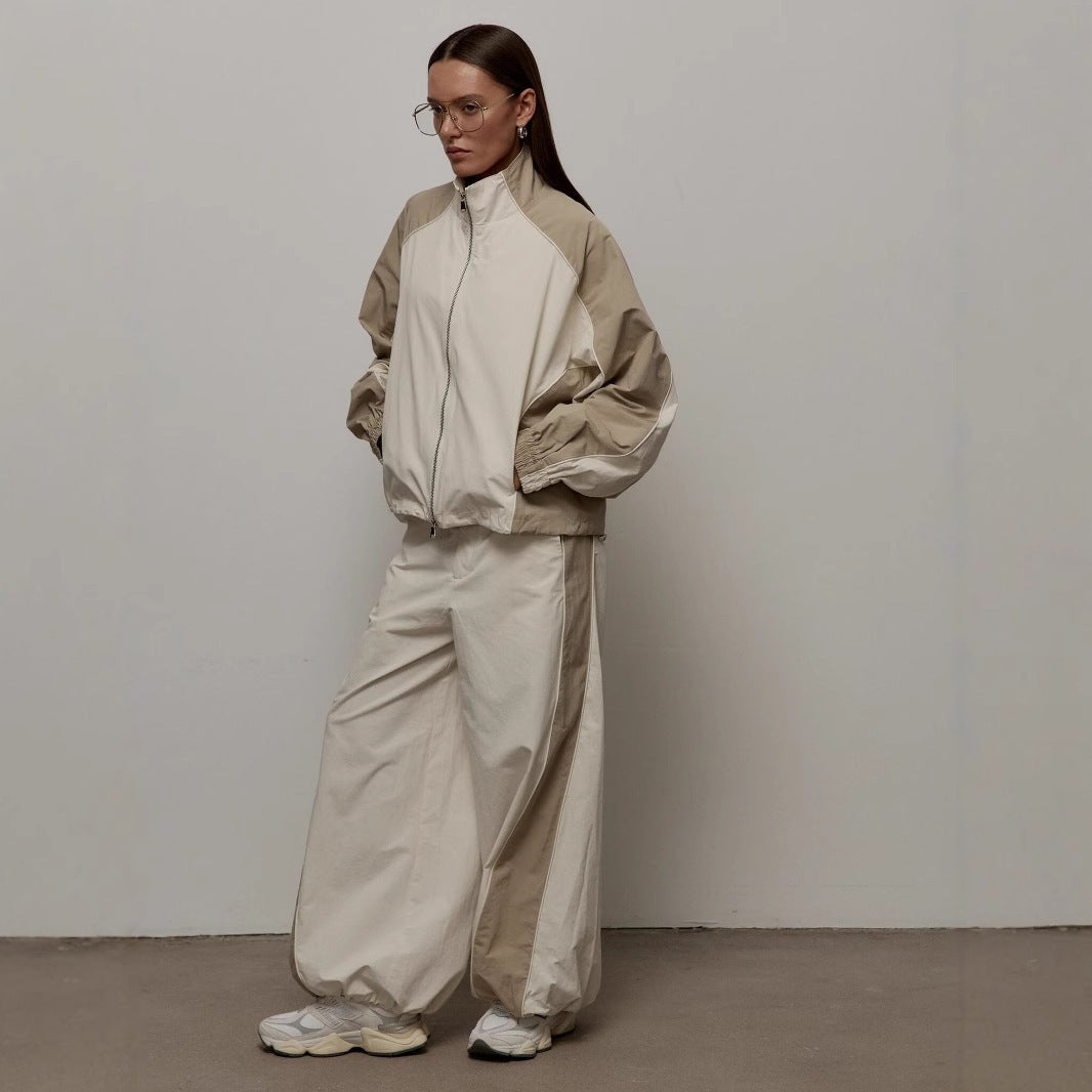 Women's Oversized Color-Block Zip-Up Relaxed Tracksuit Set