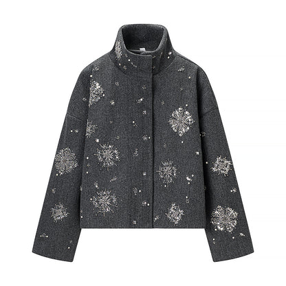 Women's Stand Collar Zip-Up Sequin Floral Winter Jacket