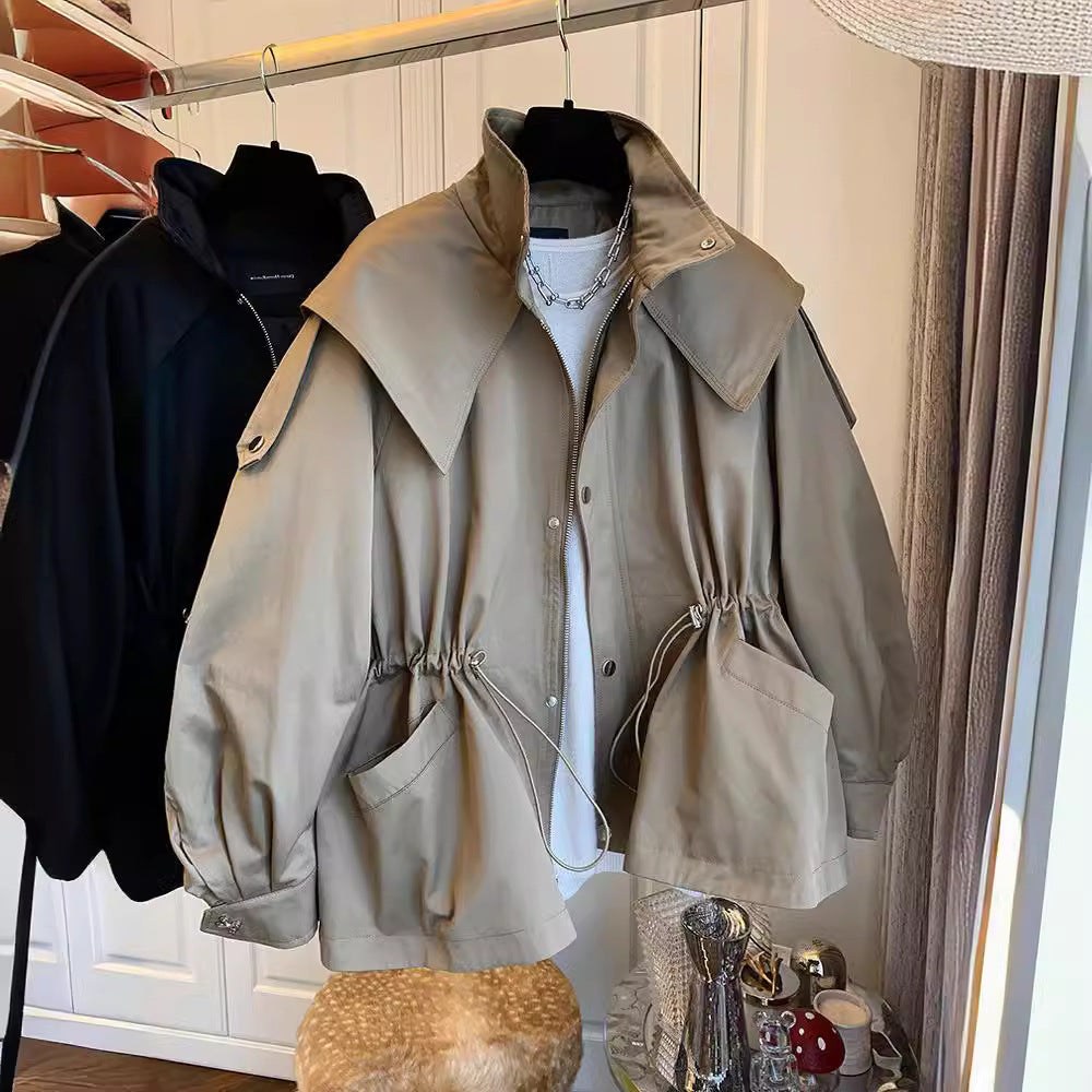Kadın Haki Siyah Oversize Kapüşonlu Rüzgarlık Ceket - Bel Büzgülü Kısa Parka