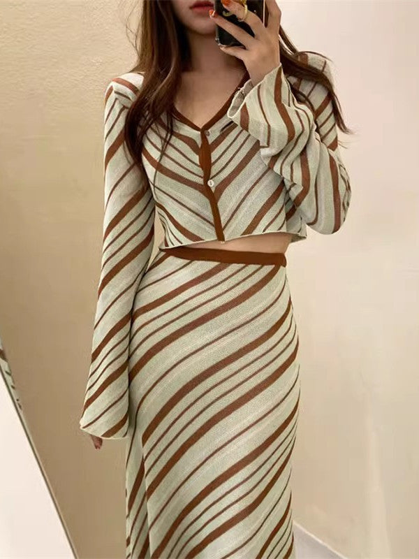 Korean Style V-Neck Knitwear and High-Waisted Skirt Set