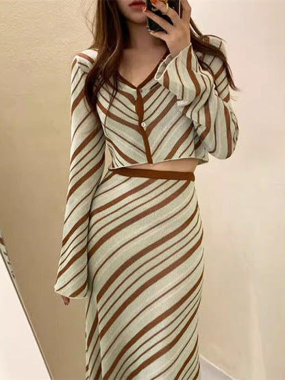 Korean Style V-Neck Knitwear and High-Waisted Skirt Set