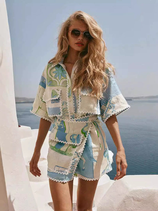 Kadın Patchwork Desenli Dantel Detaylı Gömlek ve Mini Etek İkili Takım