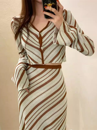 Korean Style V-Neck Knitwear and High-Waisted Skirt Set