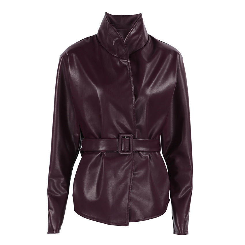 Women's Burgundy Leather Jacket - Stand Collar, Belted Waist, Slimming Cut