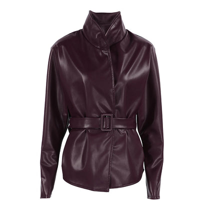 Women's Burgundy Leather Jacket - Stand Collar, Belted Waist, Slimming Cut