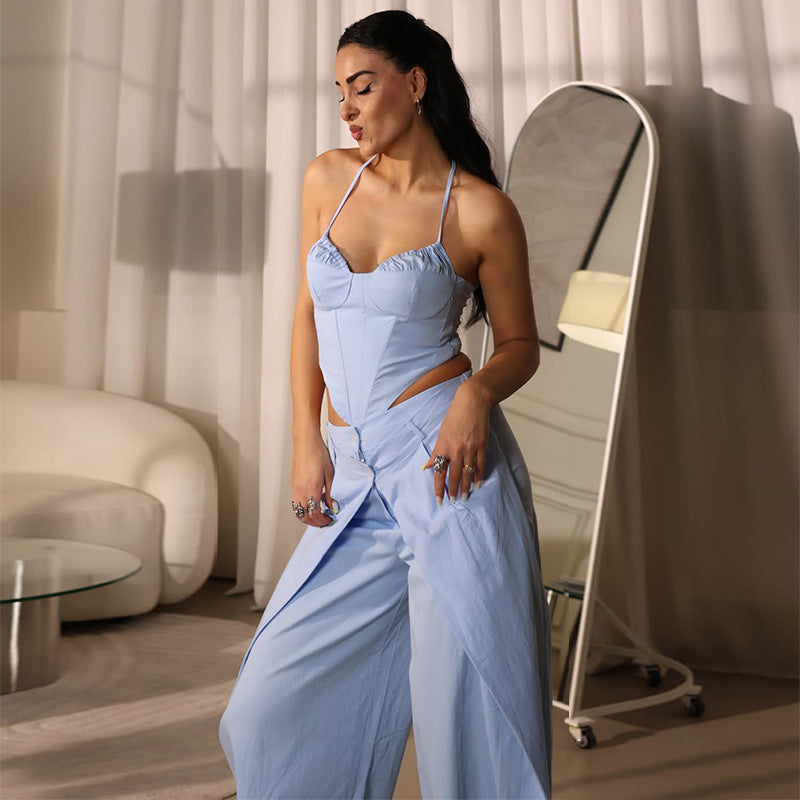 <font dir="auto" style="vertical-align: inherit;"><font dir="auto" style="vertical-align: inherit;">Avrupa ve Amerika sınır ötesi kadın giyim 2026 yaz yeni stil moda ve şık askılı, straplez üst ve bol paçalı pantolon tek parça takım</font></font>