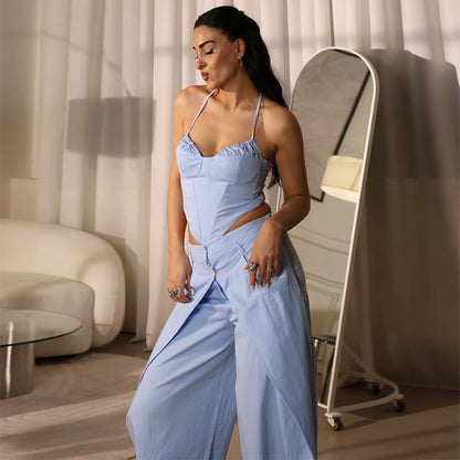 <font dir="auto" style="vertical-align: inherit;"><font dir="auto" style="vertical-align: inherit;">Avrupa ve Amerika sınır ötesi kadın giyim 2026 yaz yeni stil moda ve şık askılı, straplez üst ve bol paçalı pantolon tek parça takım</font></font>