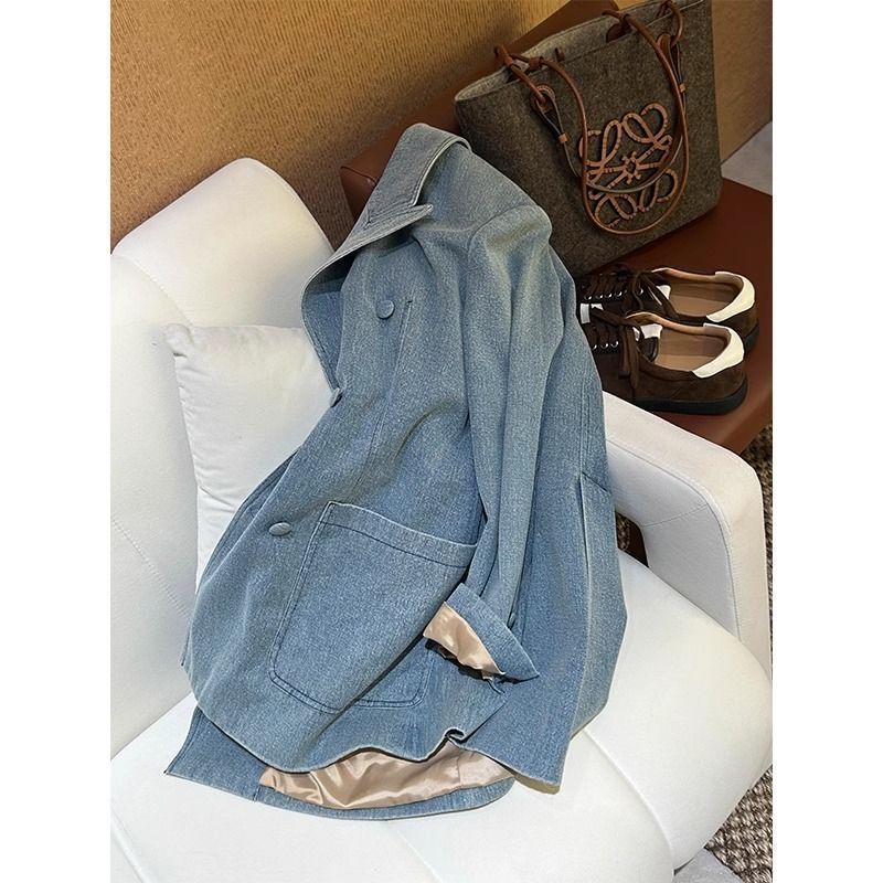 Kadın Mavi Kruvaze Denim Blazer Ceket – Oversize Kesim, Saten Astarlı, Büyük Beden