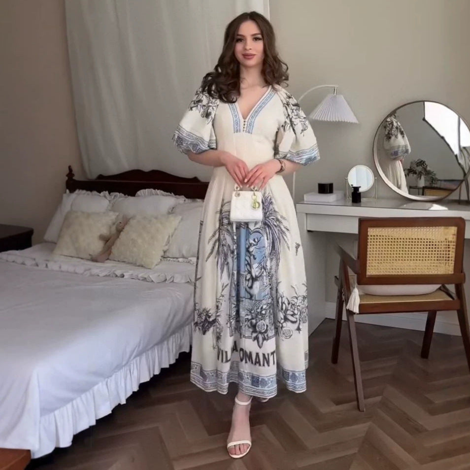 Kadın V Yaka Düğmeli Çay Molası Elbisesi, Fransız Retro Tarzı Kısa Kollu A-Kesim Mini Elbise