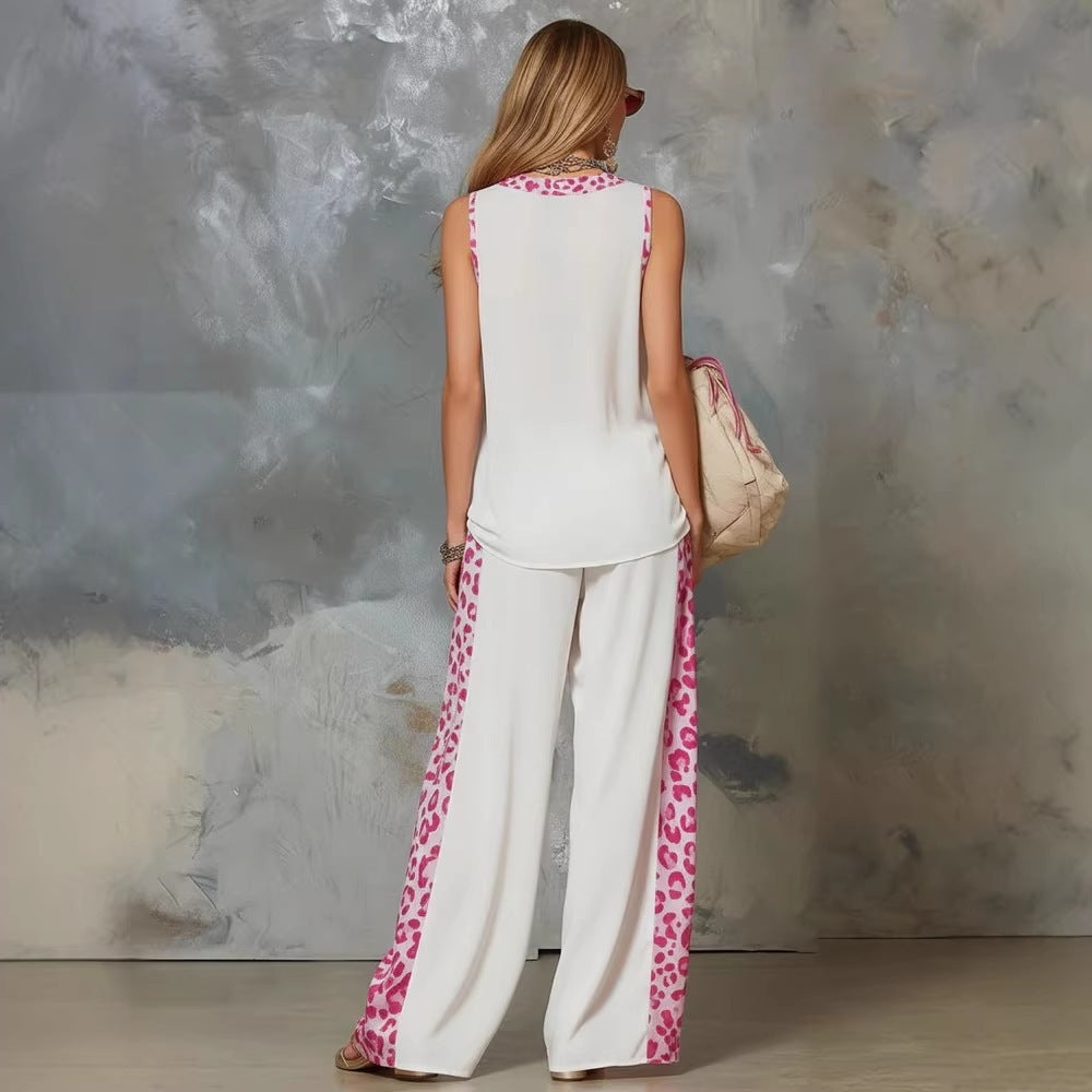 Bohem Esintili Leopar Detaylı V-Yaka Kolsuz Tunik ve Bol Paça Pantolon Takımı