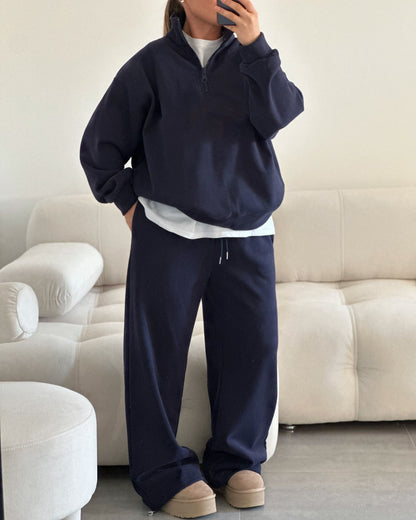 Kadın Yarım Fermuarlı Dik Yaka Sweatshirt ve Eşofman Altı İkili Pamuklu Takım