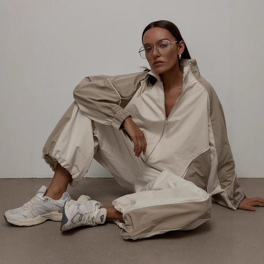 Women's Oversized Color-Block Zip-Up Relaxed Tracksuit Set