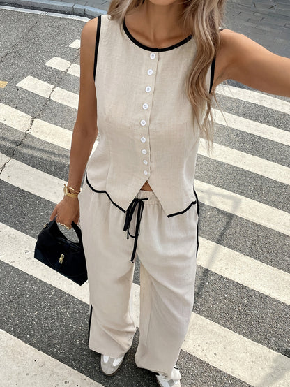 Women's Sleeveless High-Neck Blouse and Wide-Leg Trousers Two-Piece Set