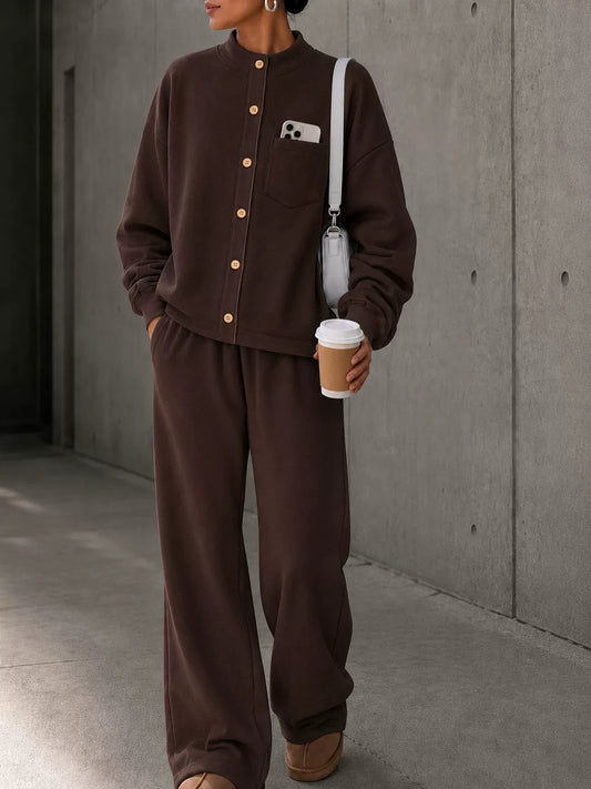 Kadın Dik Yakalı Örme Hırka ve Bol Paça Pantolon Eşofman Takımı