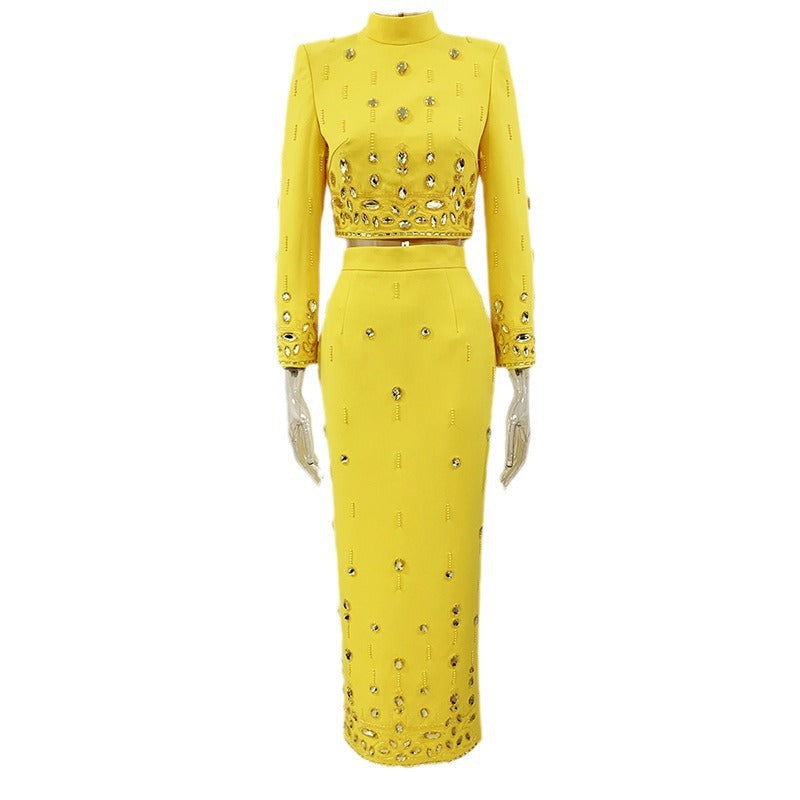 Women's Rhinestone and Bead-Embellished Crop Jacket and Pencil Skirt Occasion Set