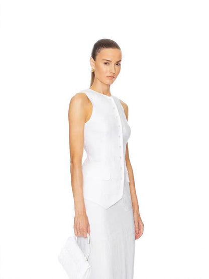 Women's Linen-Textured Buttoned Long Vest and Shorts Set - White/Black