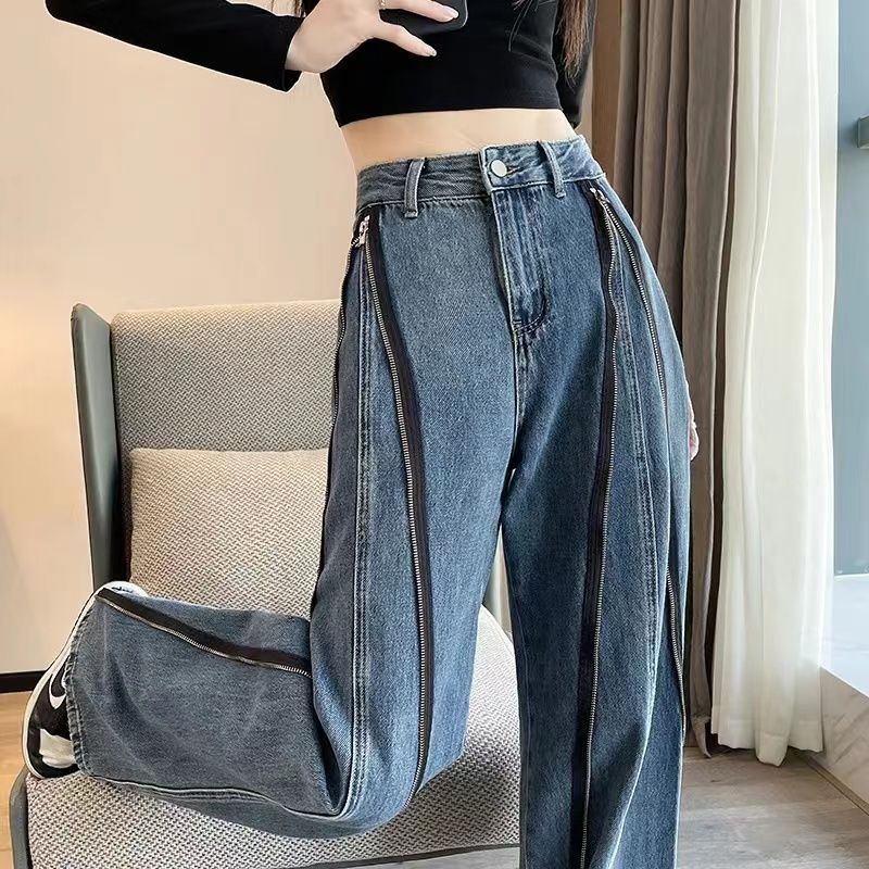 Kadın Mavi Yüksek Bel Geniş Paça Jean – Fermuar Detaylı, Bol Kesim Retro Kot Pantolon