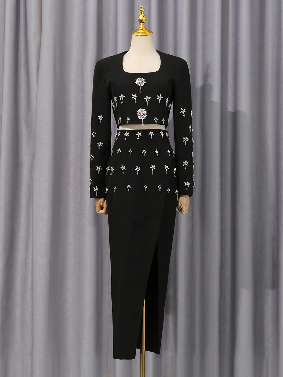 Women's Black Rhinestone-Embellished Crop Blouse and Slit Long Skirt Set