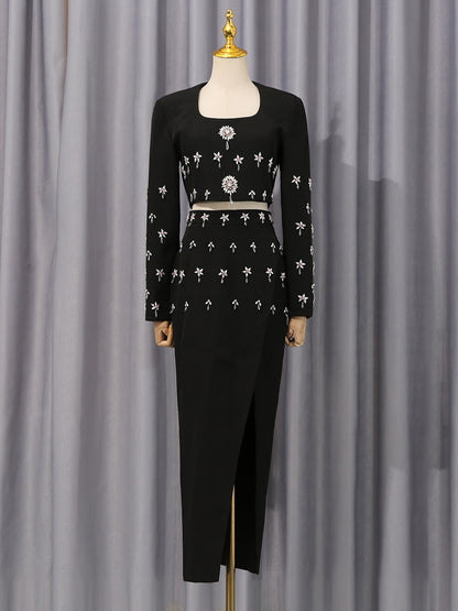 Women's Black Rhinestone-Embellished Crop Blouse and Slit Long Skirt Set