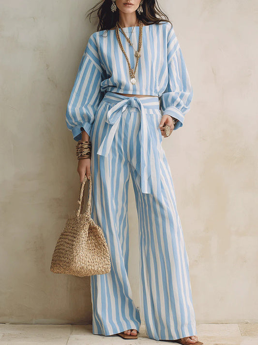 Women's Striped Balloon Sleeve Tie-Waist Wide-Leg Trouser Set