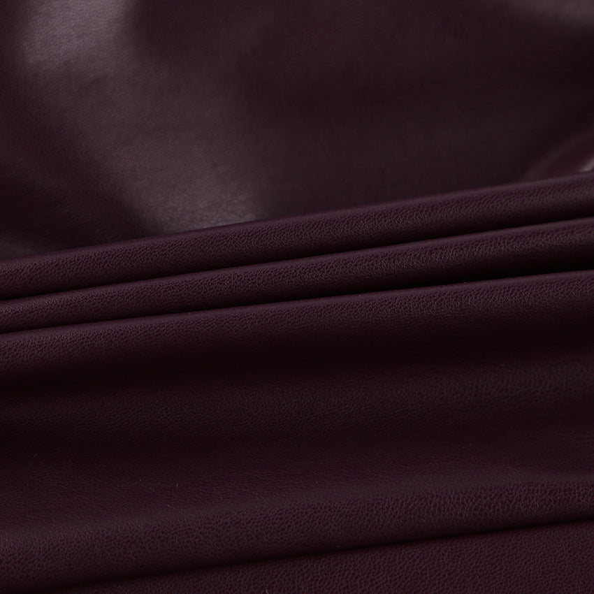 Women's Burgundy Leather Jacket - Stand Collar, Belted Waist, Slimming Cut