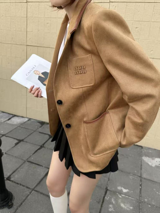 Kadın Haki Kahverengi Deri Detaylı Denim Blazer Ceket