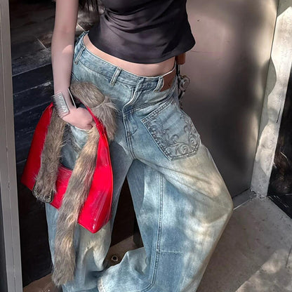 Amerikan Retro Sıcak Kız Tasarım Geniş Bacak Çıkık Sökülmüş Nakış Loosejeans kadın Sıkıntılı Paspas Pantolon