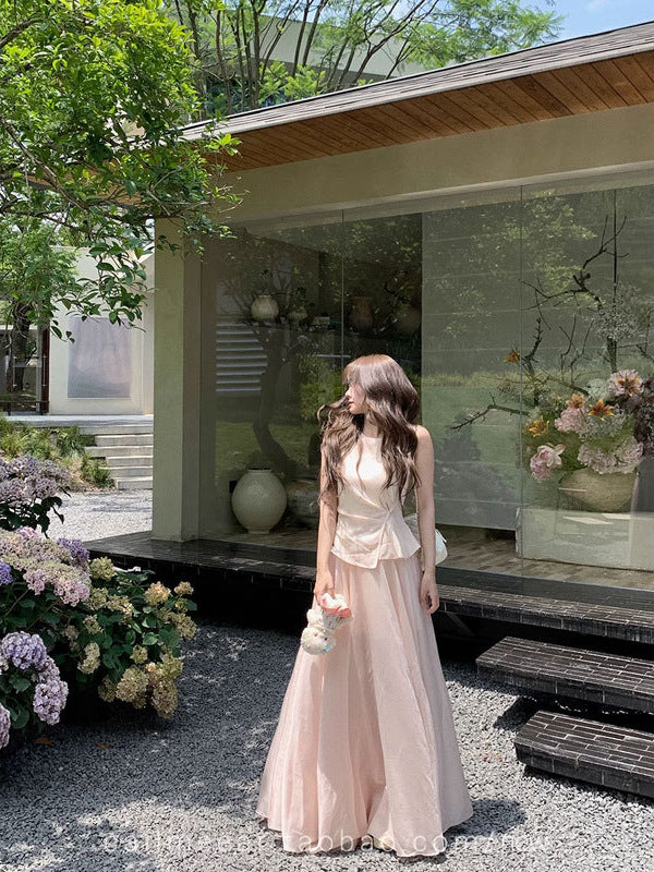 Powder Pink Layered Design Linen Maxi Dress – Elegant Long Summer Dress