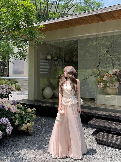 Powder Pink Layered Design Linen Maxi Dress – Elegant Long Summer Dress